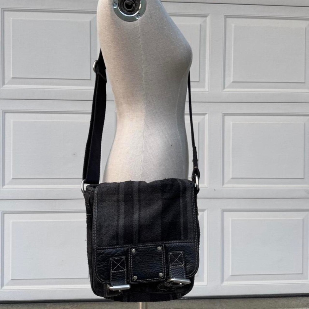 GREY FOSSIL PLAID WOOL HERRINGBONE SIDE BAG